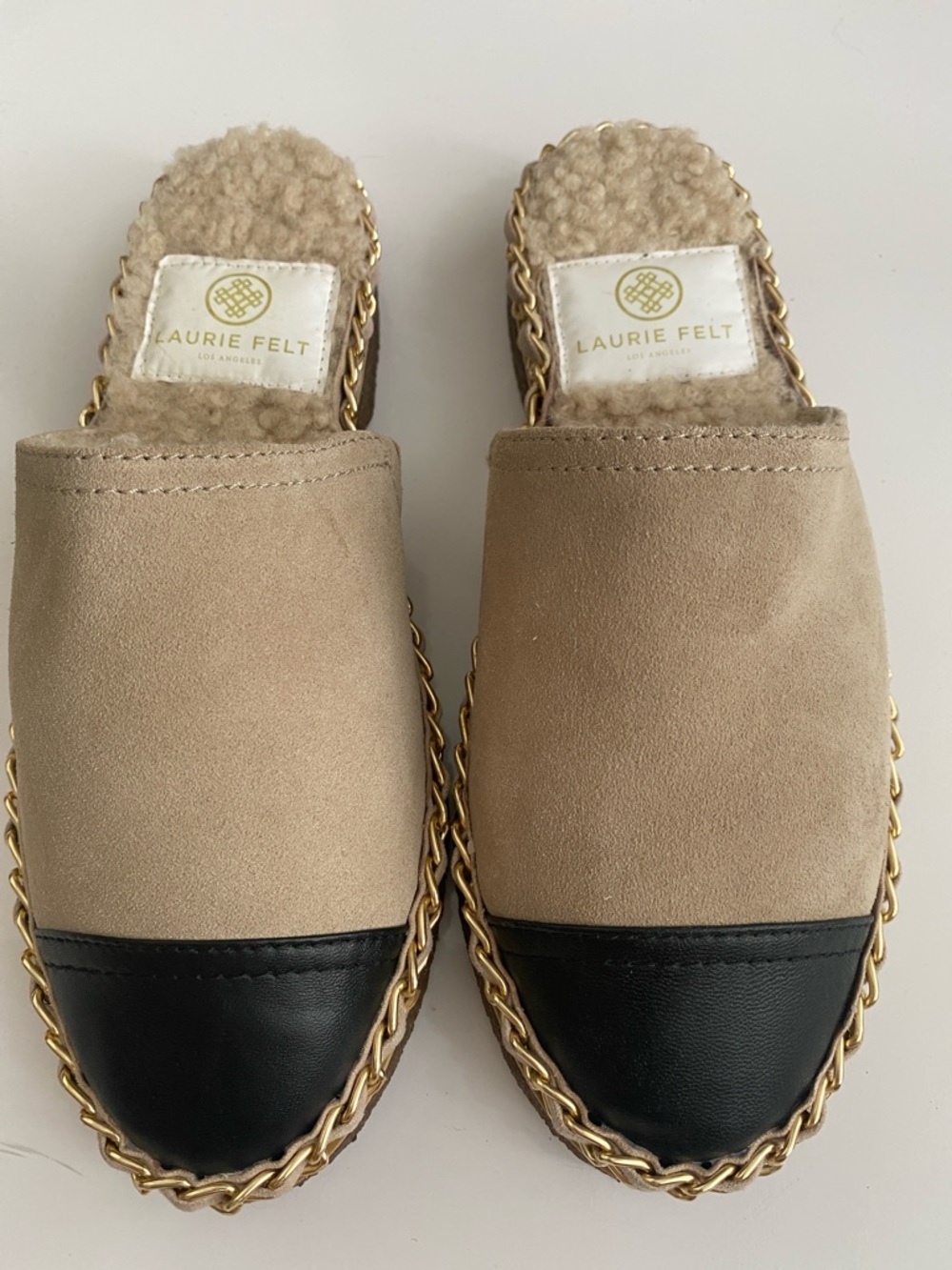 Laurie Felt Beige and Black Slip-On Mules with Gold Chain Trim size 8